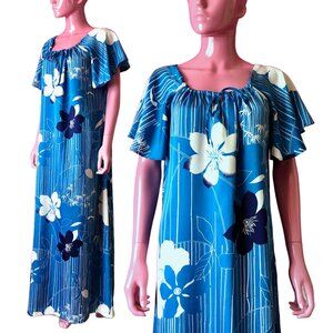 Vintage 80s M Trapeze Dress Maxi Hawaii Style Blue White Tropical Floral Bamboo